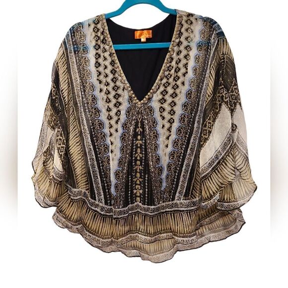 Hale Bob Cabana Silk Embellished Tunic Top, Bohemian, Festival Vibes |  S - Picture 1 of 11